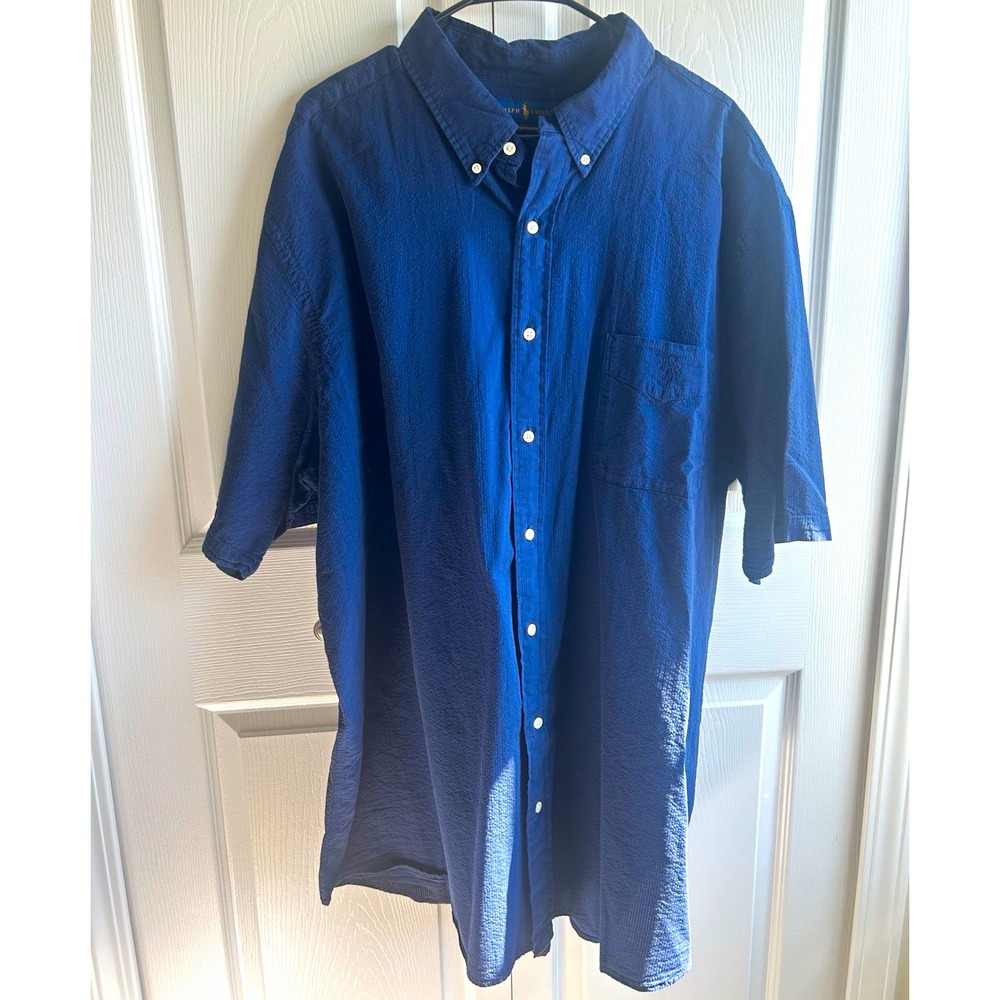 Ralph Lauren Men's 3XLT Short Sleeve Seersucker Button-Down Shirt Blue